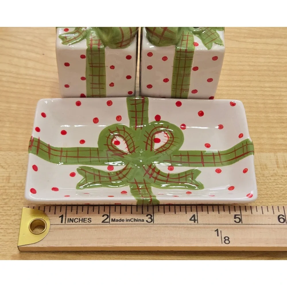 Kirklands Christmas Gift Box Salt Pepper Shaker Set with Tray Ceramic NEW